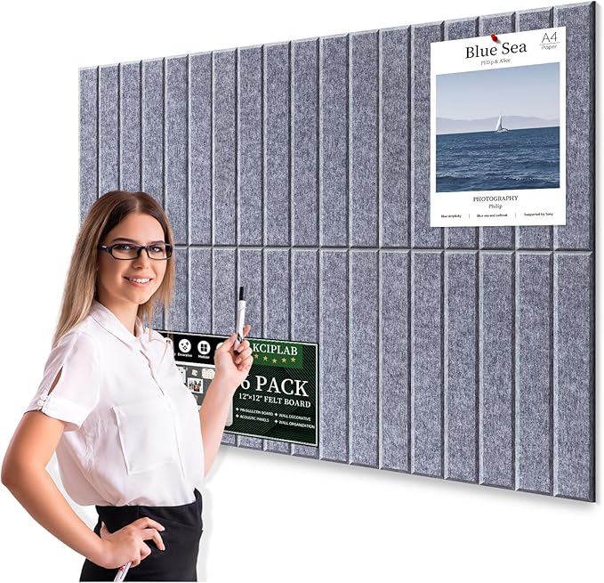 Large Cork Bulletin Board for Wall 36"x24", 6 Pack Felt Slat Wall Panel Tiles