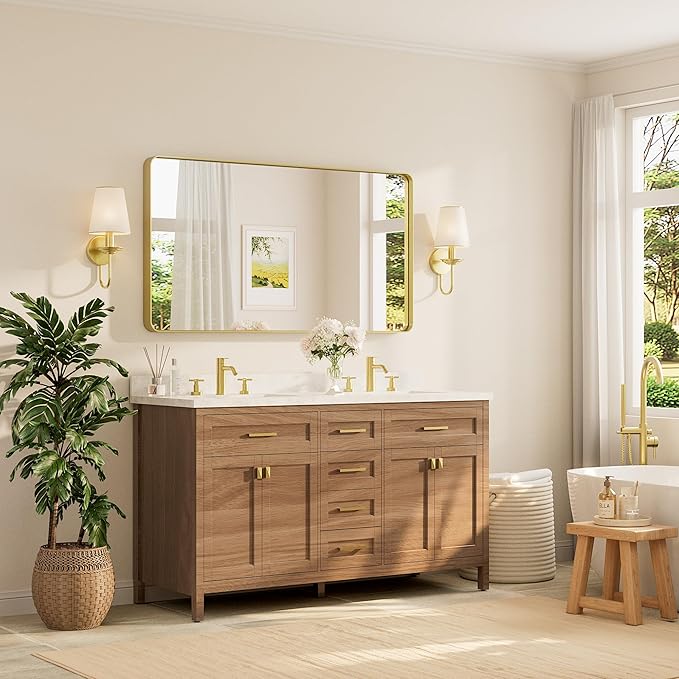 TETOTE 55 x 30 Inch Bathroom Mirror, Brushed Gold Metal Framed Wall Mounted