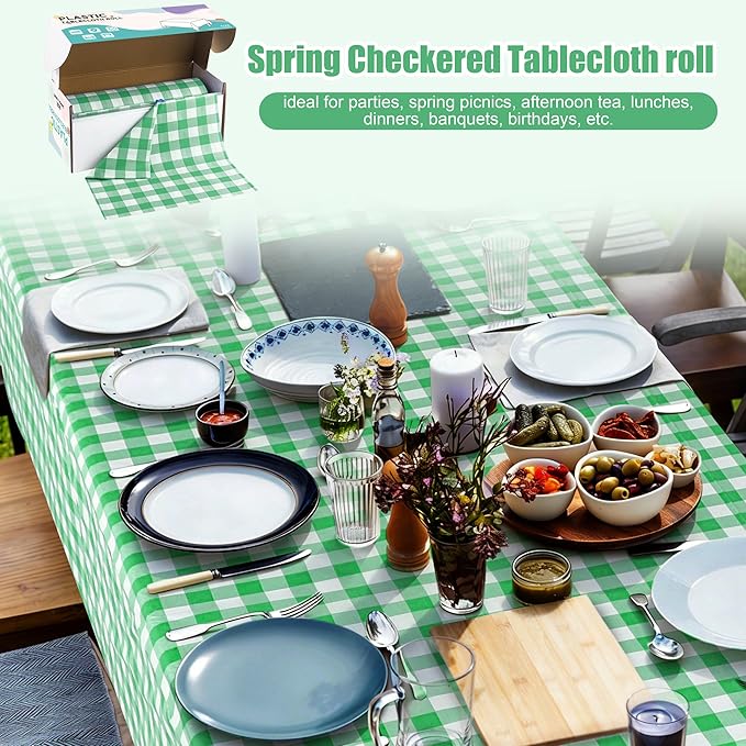 Kochorie 54 Inch x 300 Ft Light Green Checkered Plastic Table Cloth Roll