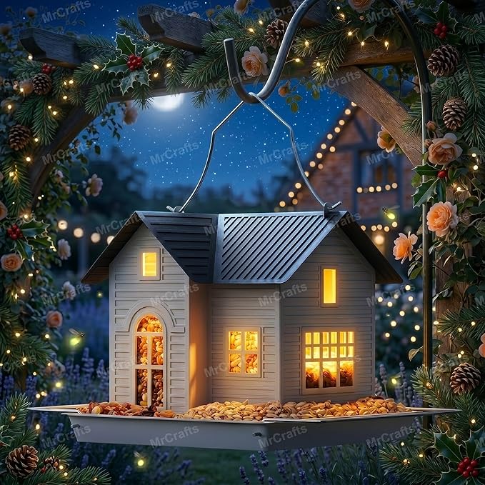 MrCrafts Solar Bird Feeder - Hanging Metal Bird House Feeder with Solar Lights, Outdoor Solar Lantern, Garden Decor for Outside, Unique Gifts for Mom, Grandma, Christmas