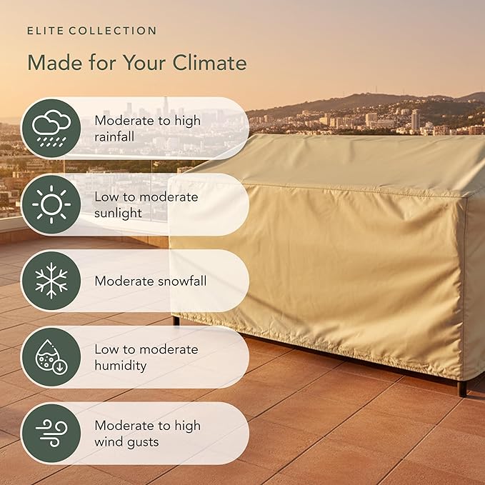 Covermates Elite Outdoor Patio Sofa Cover – Water-Resistant 300D Polyester, Double-Stitched Seams, Elastic Hem, Auto-Locking Drawcord & Mesh Vent for Moderate Weather, 62W x 32D x 34H, Khaki