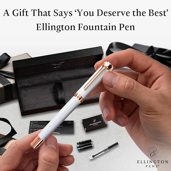 Ellington Pens Luxury Fountain Pen Set - Smooth Medium Nib - Includes 3 Ink Cartridges, Refillable Ink Converter, Gift Box - Fountain Pens For Writing, Calligraphy, Journaling, Sketching (Alpine Rose)