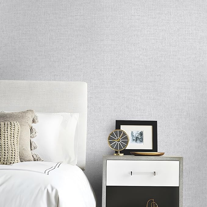 Light Grey Grasscloth Peel and Stick Wallpaper, Textured Vintage Contact Paper