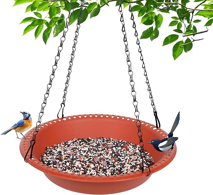 Large Hanging Bird Feeder Tray 14 inch with Drainage Holes Fit Most Seed, Bird-Feeder Hanging for Garden Yard Outside, Terracotta