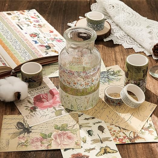 24 Rolls Vintage Washi Tape Set, Floral Letter Butterfly Mushroom Botanical Flower Writable Decorative Tapes for Scrapbooking , Junk Journal supplies, Bullet Journaling 5-75mm Wide 9.84ft long/Roll