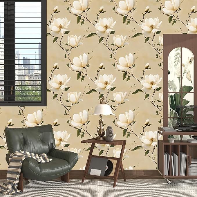 Vintage Floral Peel and Stick Wallpaper Khaki White Flowers Contact Paper