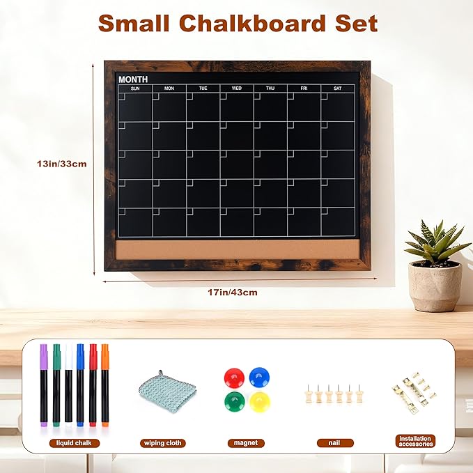 Chalkboard Calendar for Wall, Small Rustic Framed Magnetic Chalkboard & Cork