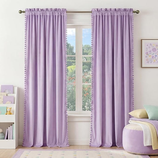 NICETOWN Lilac Purple Pom Pom Velvet Curtains 84 Inch Length