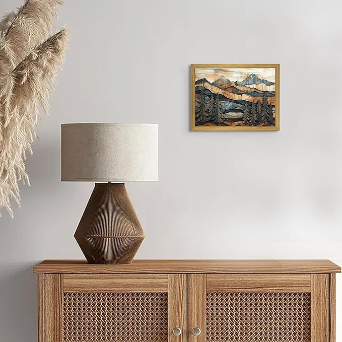 Vintage Boho Mountain Wall Art, Framed Landscape Canvas Wall Art, Nature Forest