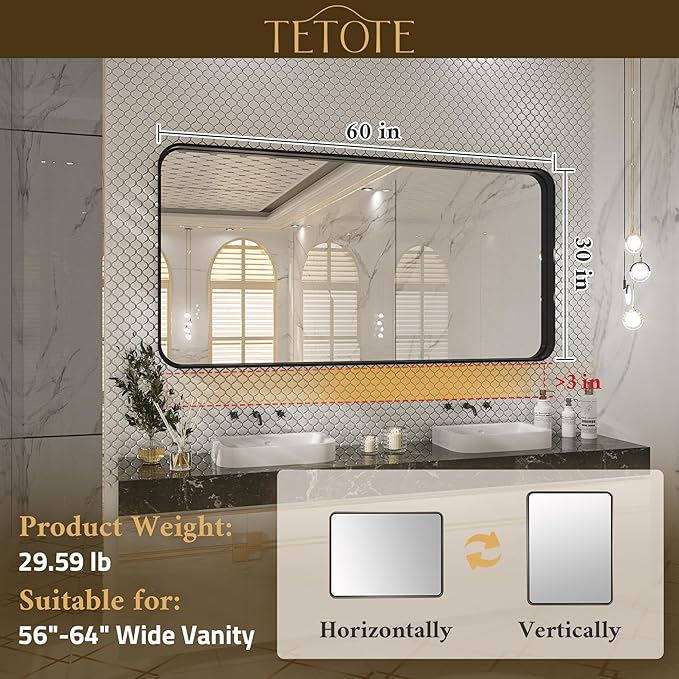 TETOTE 60 x 30 Inch Black Vanity Mirror, Rectangle Matte Metal Frame