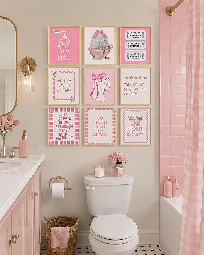 tgguytiy 9Pcs Pink Bow Bathroom Wall Art Prints, Coquette Bowknot Aesthetic