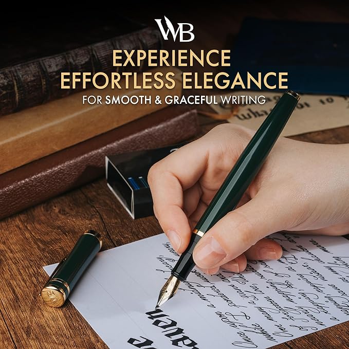 Wordsworth & Black Fountain Pen Set, Bent Nib, Includes 24 Pack Ink Cartridges, Ink Refill Converter & Gift Box, Calligraphy, [Racing Green], Perfect for Men & Women