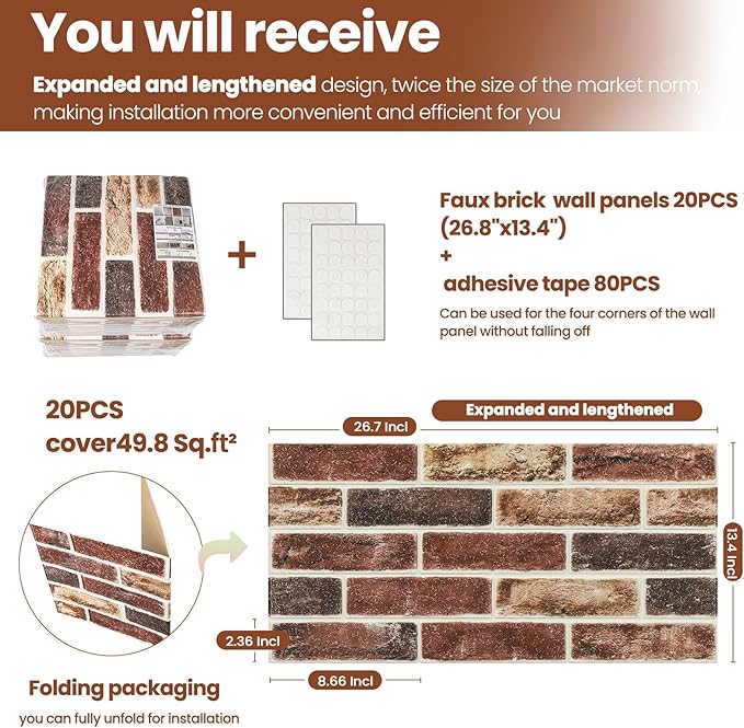 20 PCS 3D Wall Panels Brick Peel and Stick 26.7"x13.4"