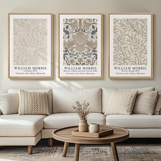 Framed Vintage William Morris Canvas Wall Art Set of 3, Large Neutral Floral