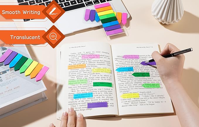 (2000 Pcs) Page Markers Bright Sticky Tabs, Translucent Small Sticky Notes Flags and Arrow Flags, Fluorescent Index Tab Stickers for Notebooks [8 Colors, 10 Sets]