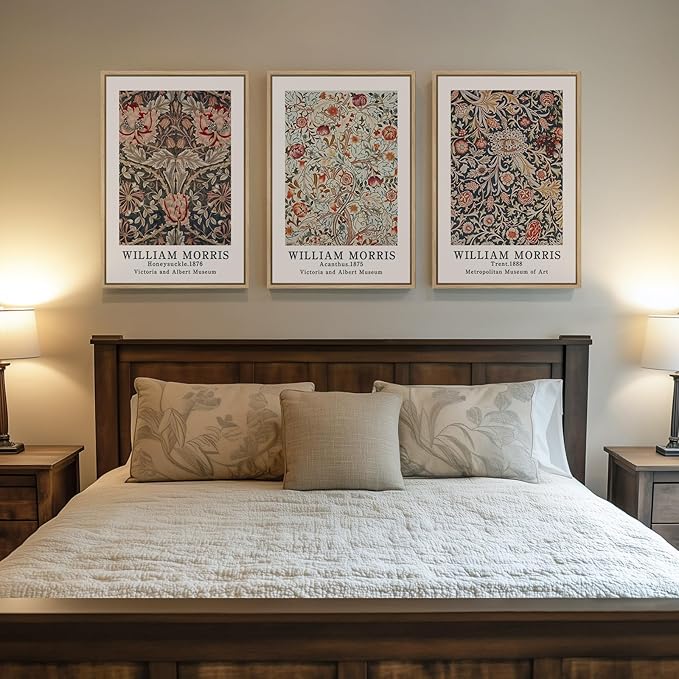 Framed Vintage William Morris Canvas Wall Art Set of 3, Large Retro Floral
