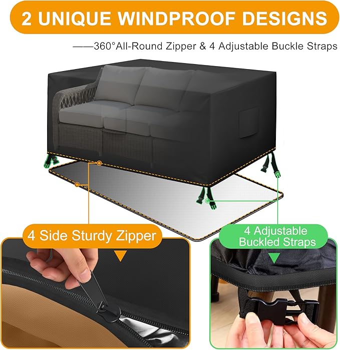 HDCAXKJ Patio Furniture Covers Waterproof Outdoor Couch Cover with Bottom Zipper Seal Heavy Duty Lawn Patio Sofa Cover Chair Loveseat Sectional Set Sofa Protector (Black & Brown, 78" Lx37 Wx35 H)