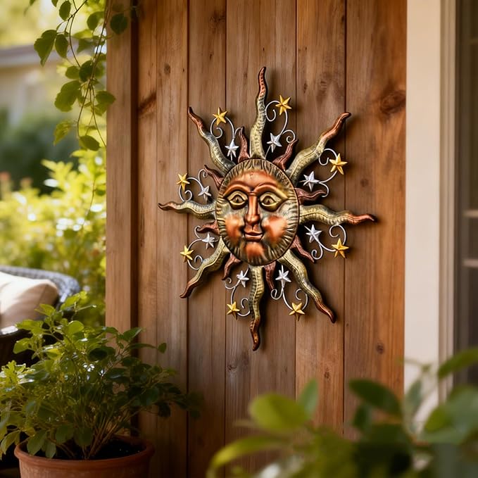 TERESA'S COLLECTIONS Sun Metal Wall Art for Outdoor Decor,32" Bronze Sun Face 3D Wall Decor for Garden Decor,Rustic Retro Hanging Sculpture for Outside Living Room Home Patio Farmhouse Gifts for Mom
