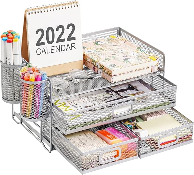 Marbrasse 3 Tier Mesh Desk Organizer with Drawer, Multi-Functional Desk Organizers and Accessories, Paper Letter Organizer with 2 Pen Holder for Home Office Supplies (Silver)