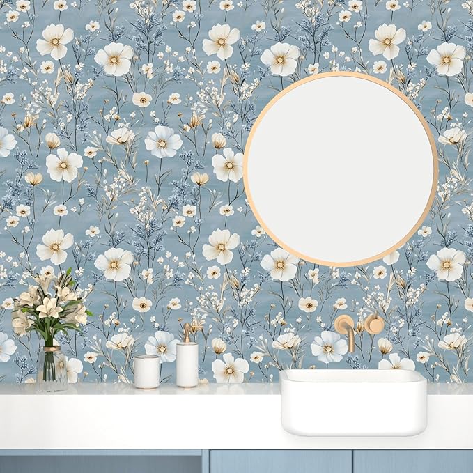 Laatse Blue Floral Peel and Stick Wallpaper White Botanical Contact Paper