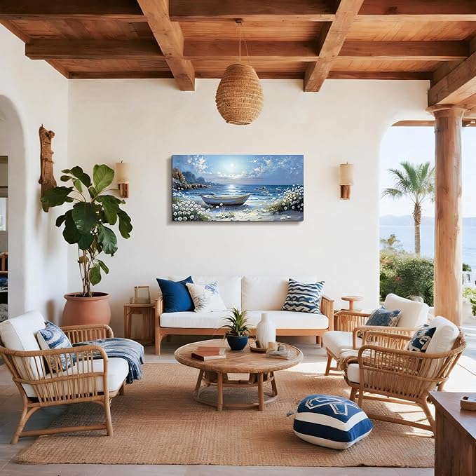 SERIMINO Beach Wall Art, Large Wall Decor, Boat Wall Art, Blue Ocean Landscape Prints, Seaside Daisy Wildflowers Pictures for Living Room Bedroom Bathroom Kitchen Office House Decorations 20"x40"