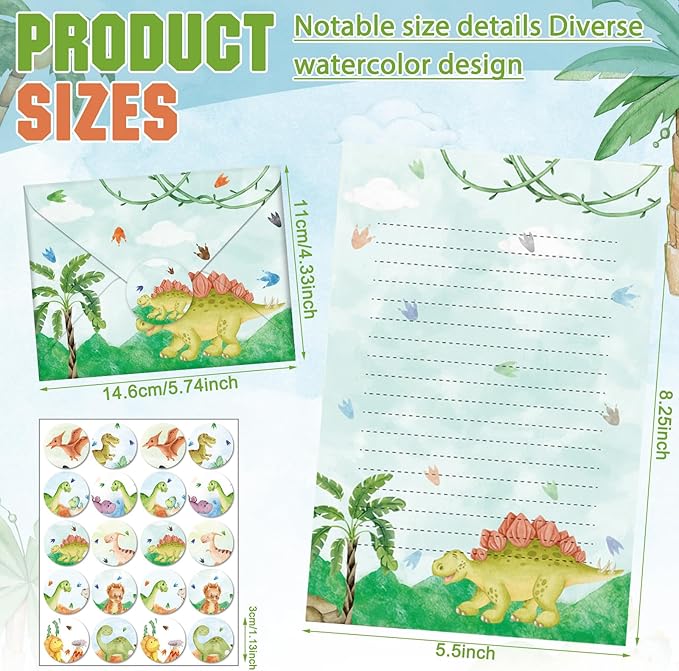 TaoBary 160 Pcs Stationery Paper Set 50 Double Sided Stationery Papers with 50 Matching Envelopes and 60 Round Dot Sticker, 10 Design(Watercolor Dinosaur,8.25 x5.5 Inch)