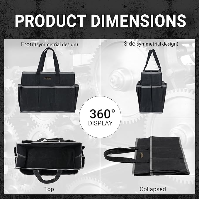 Waxed Canvas Tote Bag, Heavy Duty Multi-Purpose Canvas Tool Bag with 10 Pockets for Screwdrivers/Wrench/Pliers/Electricians Storage, Black