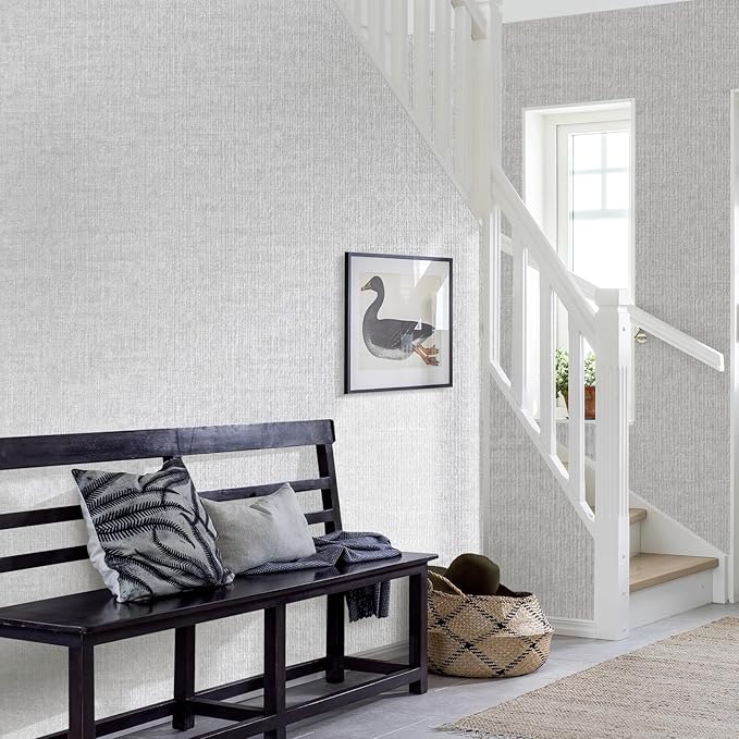Grasscloth Peel and Stick Wallpaper, Light Grey Vintage Textured Faux Linen