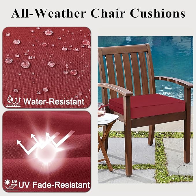 Outdoor Chair Cushions 22x22x4 Inch, Waterproof Red Patio Furniture Cushions Set of 2 with Ties & Handle, 3 Year Color Fastness Square Replacement Seat Cushions for Sofa, Couch
