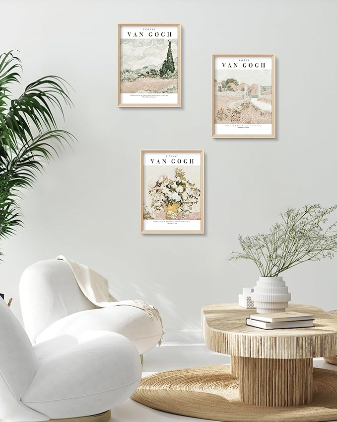 HesenDot Van Gogh High Framed Wall Art Set of 3, 12x16in Neutral Floral Canvas
