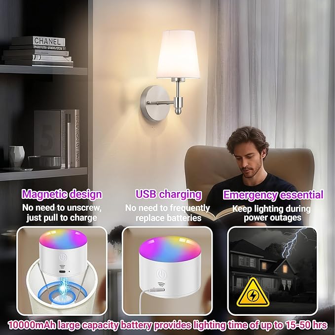 YHCDLAMP Battery Operated Wall Sconces Set of Two, Rechargeable Wireless Wall