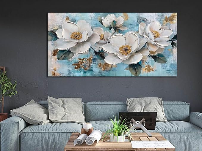 Ardemy Flower Wall Art for Living Room White Floral Canvas Art Wall Decor