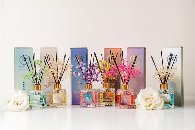 PEANÄK Reed Diffuser Set - Rose Honey Fragrance 6.7oz (200 ml) - Set of 2 Real Preserved Flowers & 6 Reed Sticks for Home & Office Bathroom Shelf Décor with Long Lasting Gift Scents