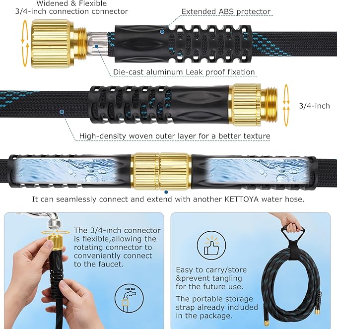 Non-Expanding Garden Hose 75 ft, Kink Free Flexible Water Hose with 10-Pattern Spray Nozzle, Lightweight Hose Pipe, Leak Proof, 3/4" Swivel Connectors, Super Fabric, Portable Storage Strap