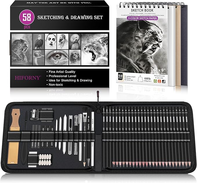 HIFORNY 58 PCS Drawing Kit Sketching Pencil Set,Sketch Pencils Art Supplies with 3-Color Sketchbook,Graphite,Charcoal,Blending Tools,Drawing Pencils for Adults Artists