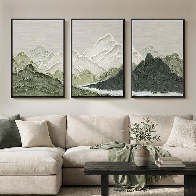 Framed Green Abstract Mountain Wall Art for Living Room, 3 Piece Large Landscape Prints Canvas Artwork for Walls, Modern Minimalist Scenic Pictures Hallway Dining Room Home Office Wall Decor, 24x36 In