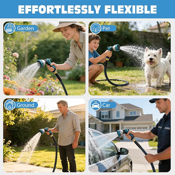 Halfjuly Garden Hose 100FT, Flat Non-Expandable Lightweight Water Hose, Durable Flexible Heavy Duty No Kink Design with 3/4" Fittings, 10 Way Spray Nozzle for Outdoor Yard Lawn