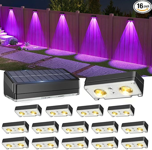 VOLISUN Solar Fence Lights 16 Pack, Warm White, Cool White and RGB Color Glow LED Lamp, IP65 Waterproof Fence Solar Lights Outdoor for Patio, Backyard, Railing, Deck and Wallï¼Blackï¼