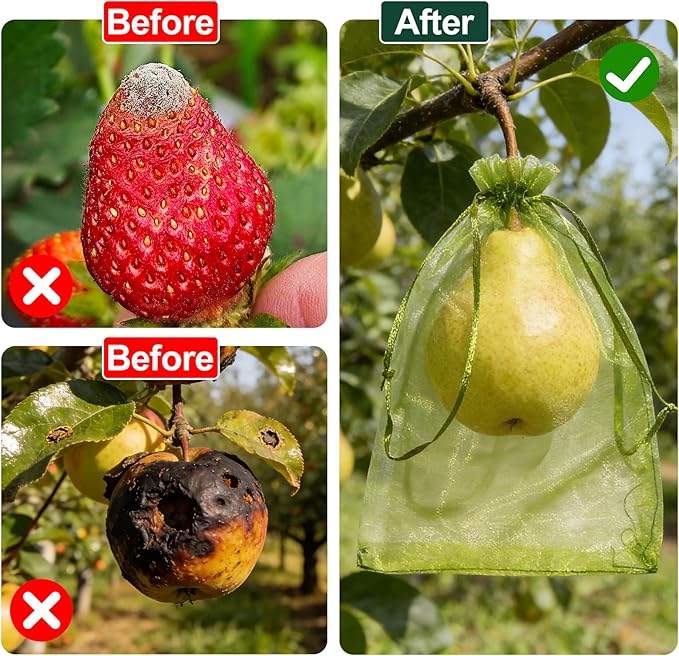 100 Large Fruit Protection Bags 7.9x11.8 Inch, Green Mesh Netting with Drawstring, Pest & Bird Barrier for Grapes, Eggplants, Zucchini and Other Garden Produce