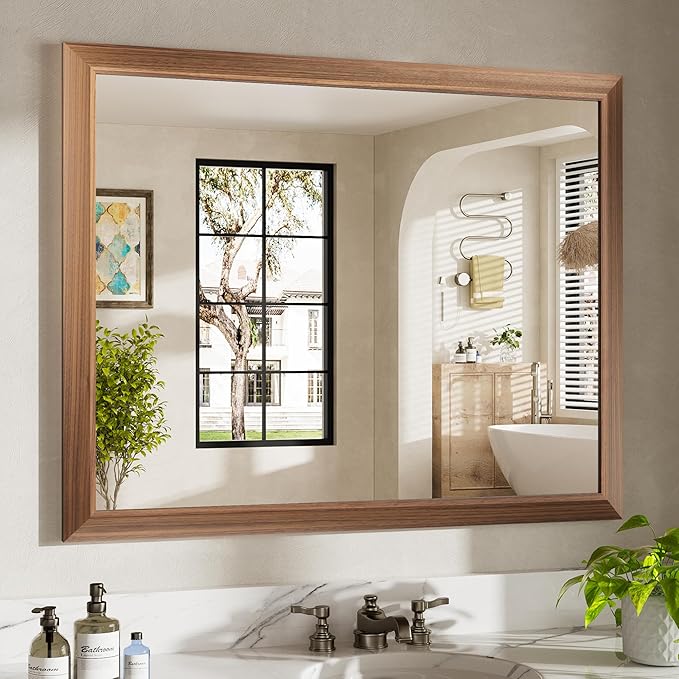 40x32 Inch Bathroom Mirror for Wall, Anti-Rust Walnut Wood Grain Metal Framed
