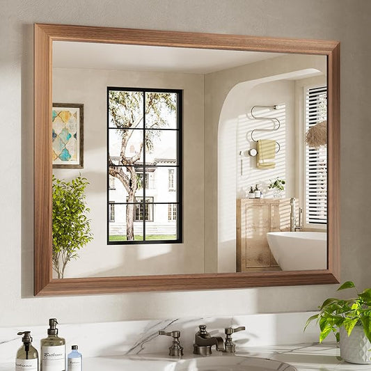 40x32 Inch Bathroom Mirror for Wall, Anti-Rust Walnut Wood Grain Metal Framed