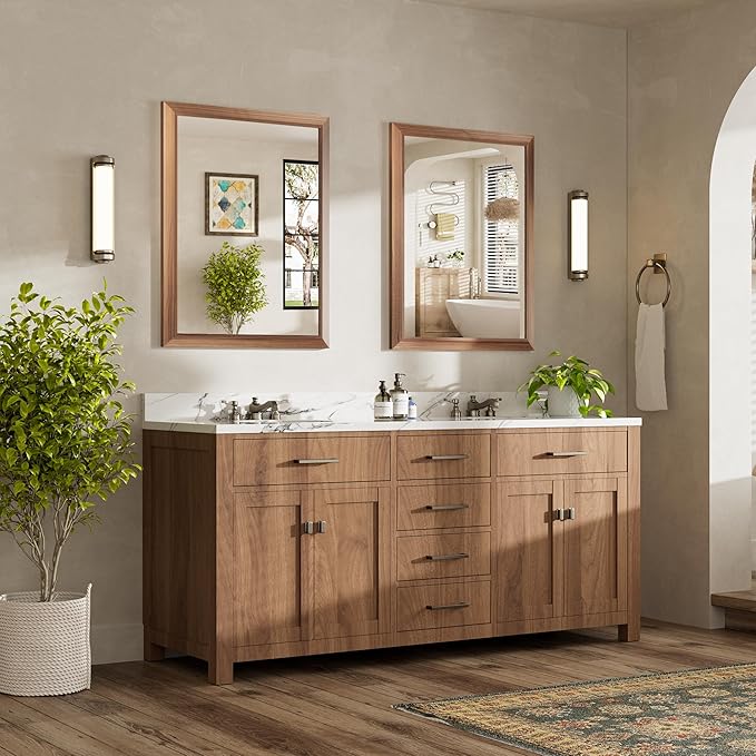 28x36 Inch Bathroom Mirror for Wall, Anti-Rust Walnut Wood Grain Metal Framed