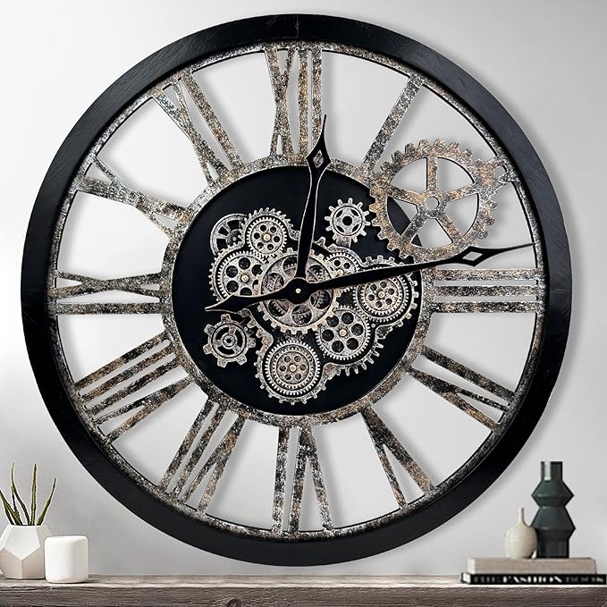 The B-Style Large Real Moving Gears Wall Clock 30 inch Rustic Retro Industrial