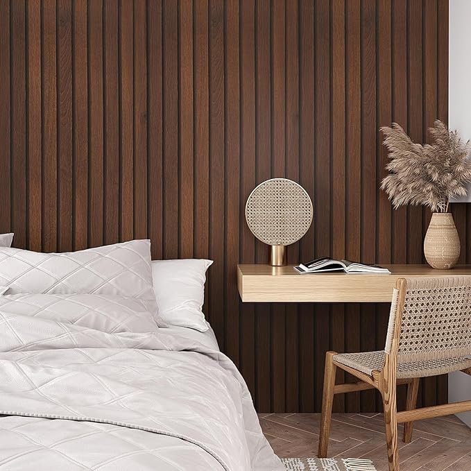 VEELIKE Walnut Wooden Slat Wallpaper Peel and Stick Waterproof Dark Wood