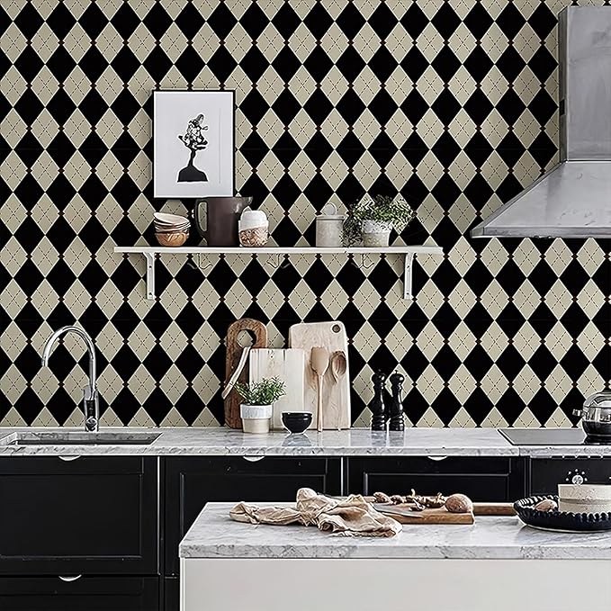 Simon&Siff Retro Checkered Peel and Stick Wallpaper Black and White Cream