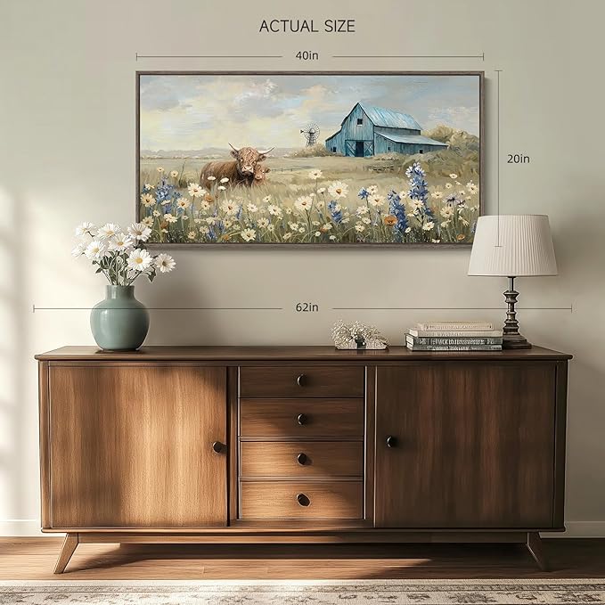 Large Framed Farmhouse Wall Art for Living Room, Highland Cow Country Pictures Wall Art Decor for Bedroom, Vintage Barn Landscape Floral Painting Artwork Print for Living Room Bathroom Kitchen 20x40