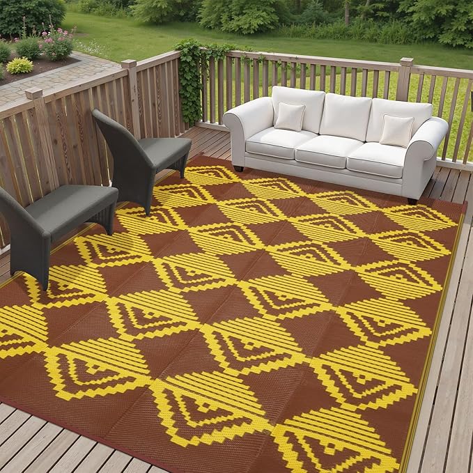 Anidaroel Patio Rugs Outdoor 8x10ft Waterproof, Reversible Camping Rugs for Outside RV, Outdoor Plastic Straw Outside Area Rugs for Patio, Backyard, Pool Deck, Picnic (Yellow&Brown,8âx10')