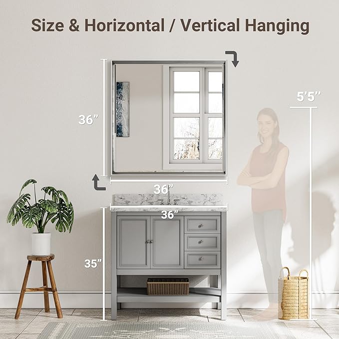 Silver Bathroom Mirror, 30x36 Inch Beveled Silver Vanity Mirror