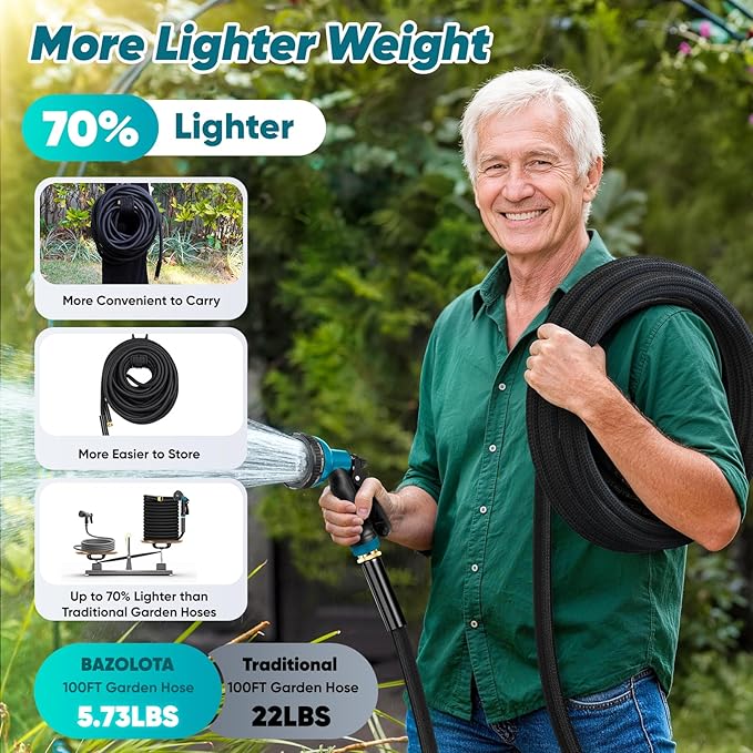 Garden Hose 50FT Non-Expanding, Lightweight Hose With 10-Function Nozzle, Leak-Proof, No-Knot, Easy to Carry, Wear-Resistant, Sturdy 3/4GHT Flexible Water Hose for Yard Garden Outdoor