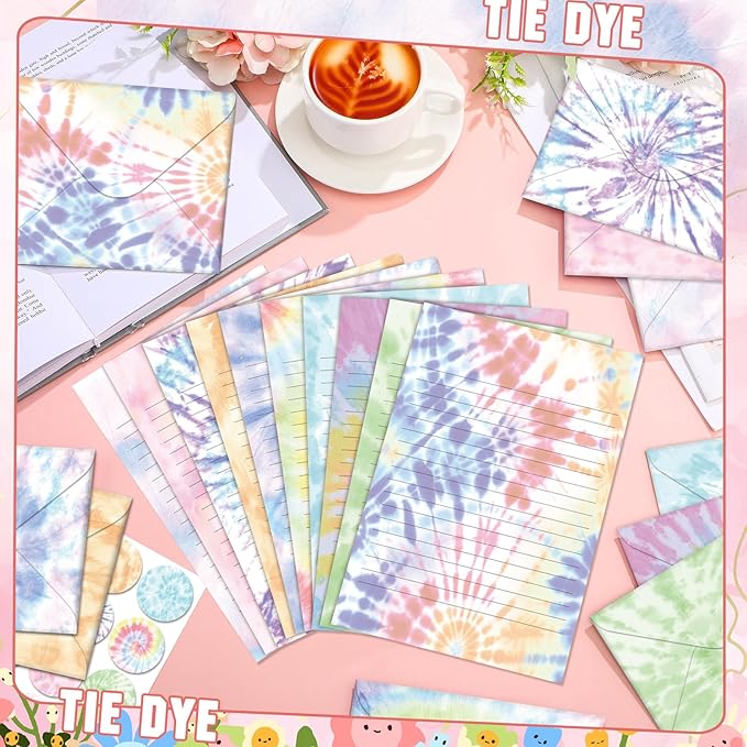 TaoBary 160 Pcs Stationery Paper Set 50 Double Sided Stationery Papers with 50 Matching Envelopes and 60 Round Dot Sticker, 10 Design(Tie Dye,5.5 x 8.25 Inch)